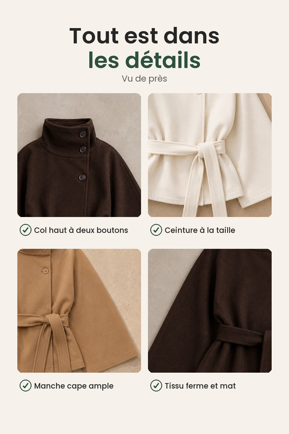 Cape à col montant et ceinture – tout est dans les détails : col haut à deux boutons, ceinture à la taille, manche cape ample, tissu ferme et mat