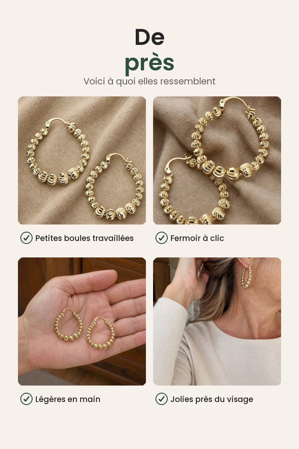 Créoles dorées à petites boules – de près : petites boules travaillées, fermoir à clic, légères en main
