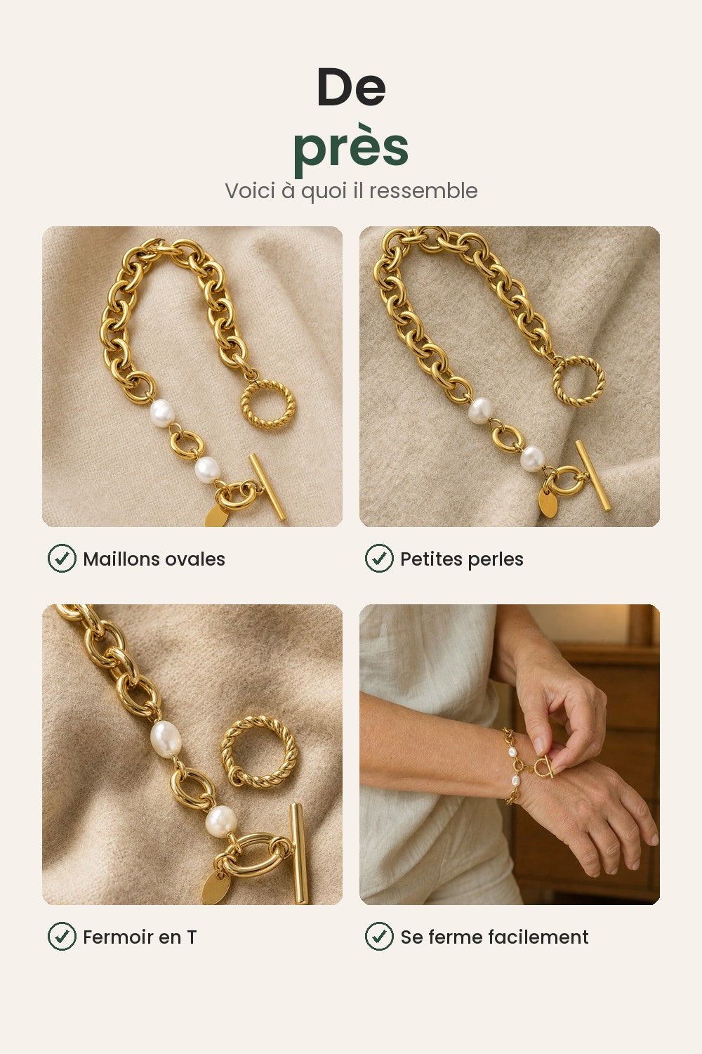 Bracelet à maillons et perles avec fermoir T – de près : maillons ovales, petites perles, fermoir en T