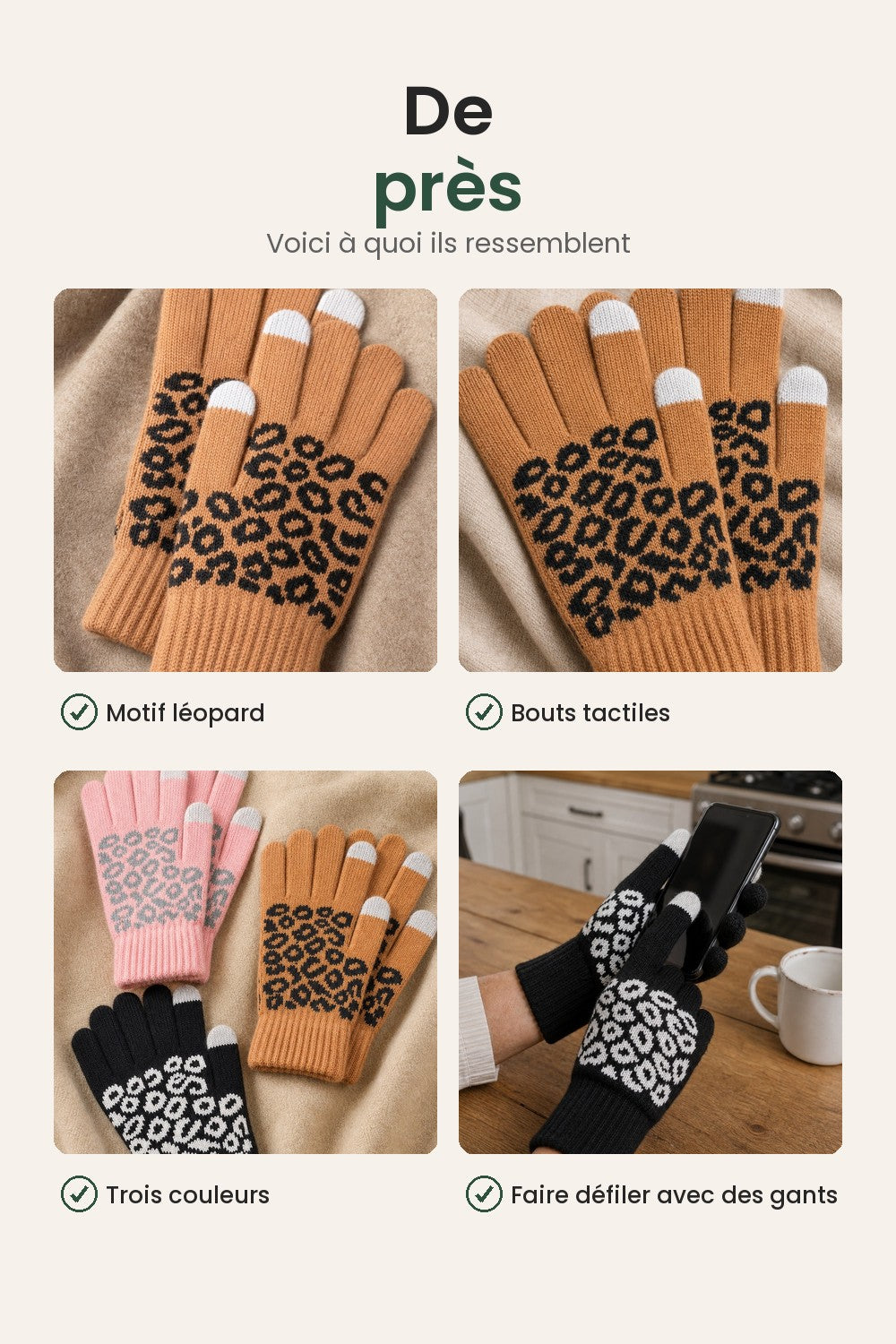Gants jacquard compatibles écran tactile – de près : motif léopard, bouts tactiles, trois couleurs