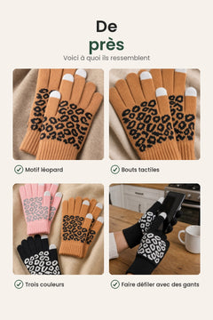 [fr] Gants jacquard compatibles écran tactile – de près : motif léopard, bouts tactiles, trois couleurs