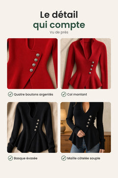 [fr] Top élégant côtelé à basque asymétrique – boutons argentés, col montant, basque