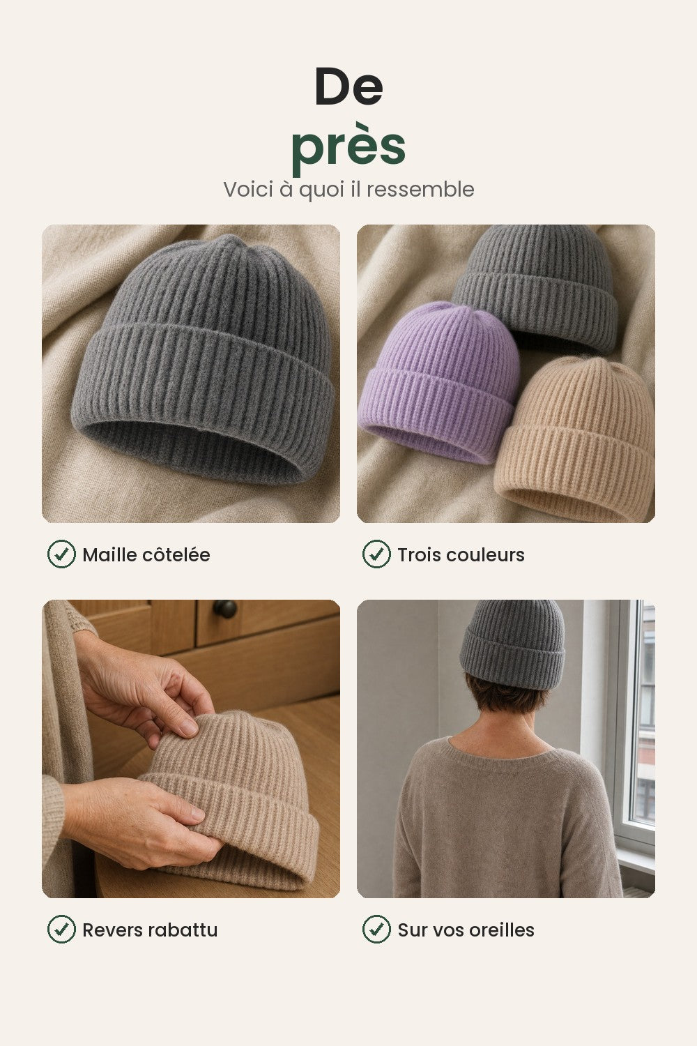 Bonnet en maille uni – de près : maille côtelée, trois couleurs, revers rabattu