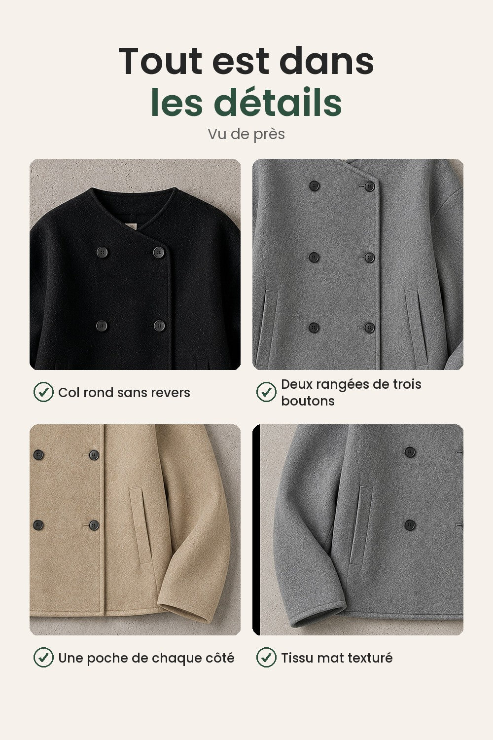 Veste courte avec col montant et double rangée de boutons – tout est dans les détails : col rond sans revers, deux rangées de trois boutons, une poche de chaque côté, tissu mat texturé