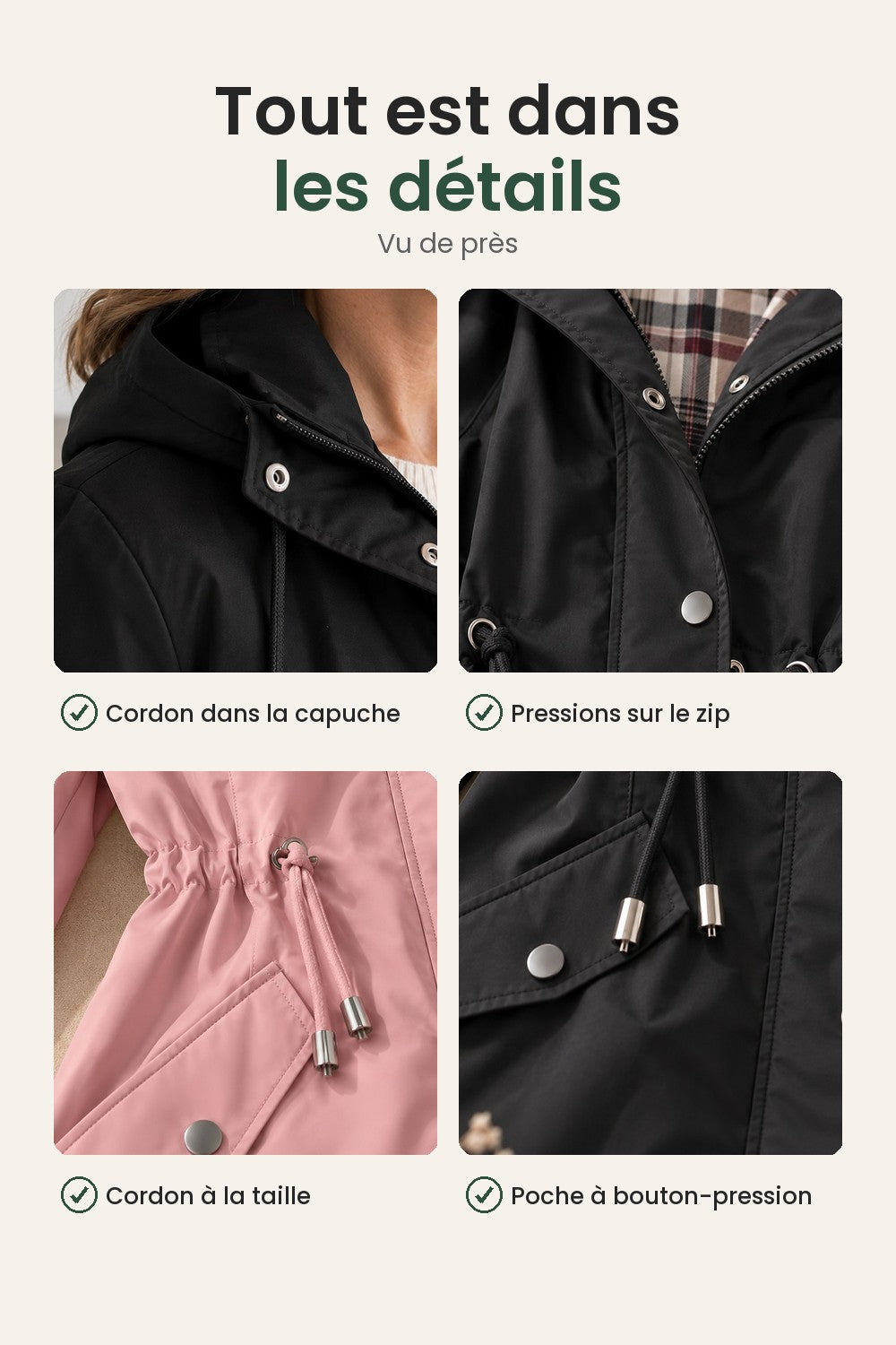 Manteau mi-long avec capuche et boutons-pression – tout est dans les détails : cordon dans la capuche, pressions sur le zip, cordon à la taille, poche à bouton-pression