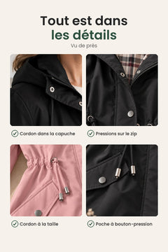 [fr] Manteau mi-long avec capuche et boutons-pression – tout est dans les détails : cordon dans la capuche, pressions sur le zip, cordon à la taille, poche à bouton-pression