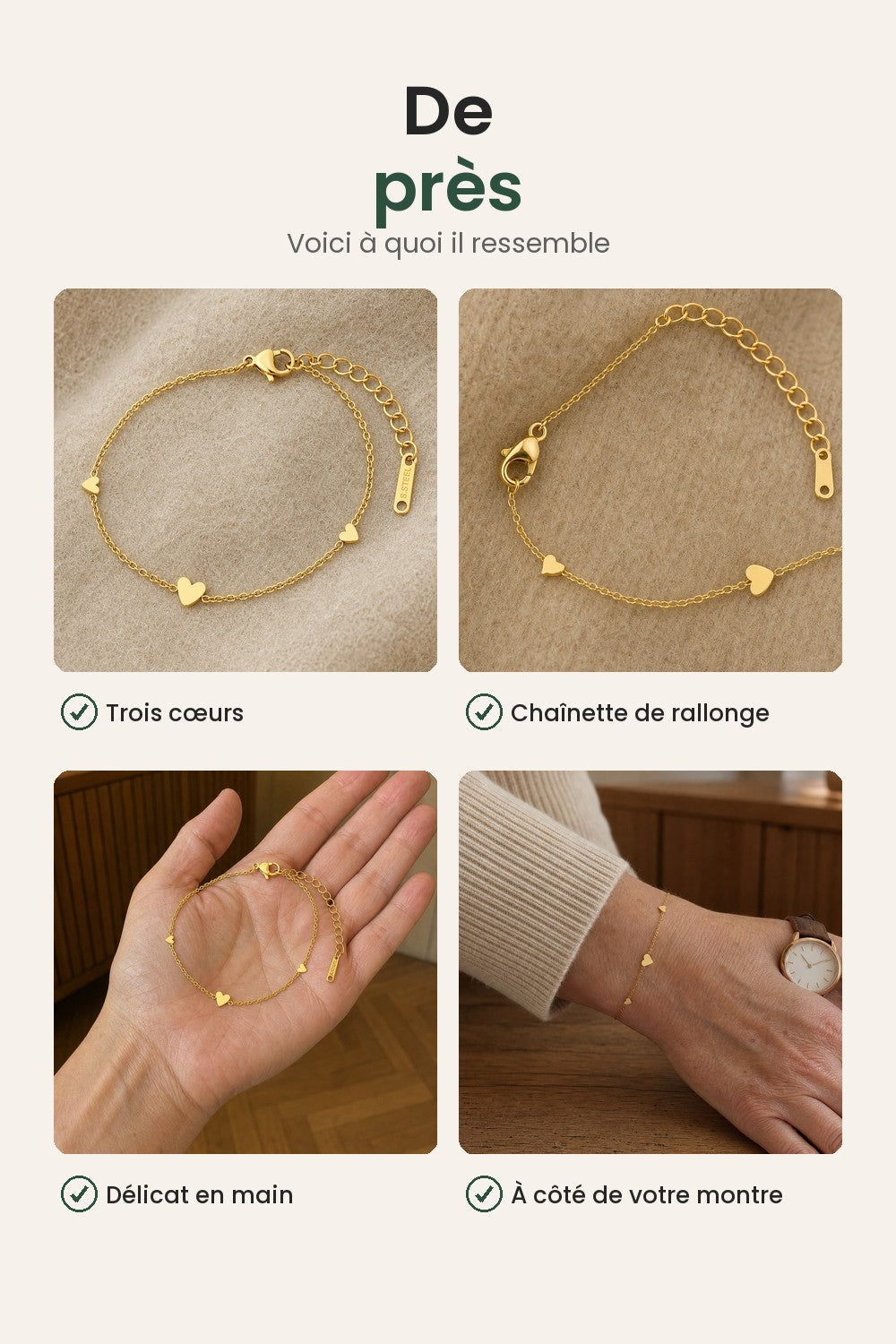 Bracelet aux trois cœurs dorés – de près : trois cœurs, chaînette de rallonge, délicat en main