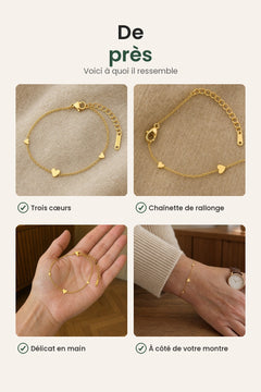 [fr] Bracelet aux trois cœurs dorés – de près : trois cœurs, chaînette de rallonge, délicat en main
