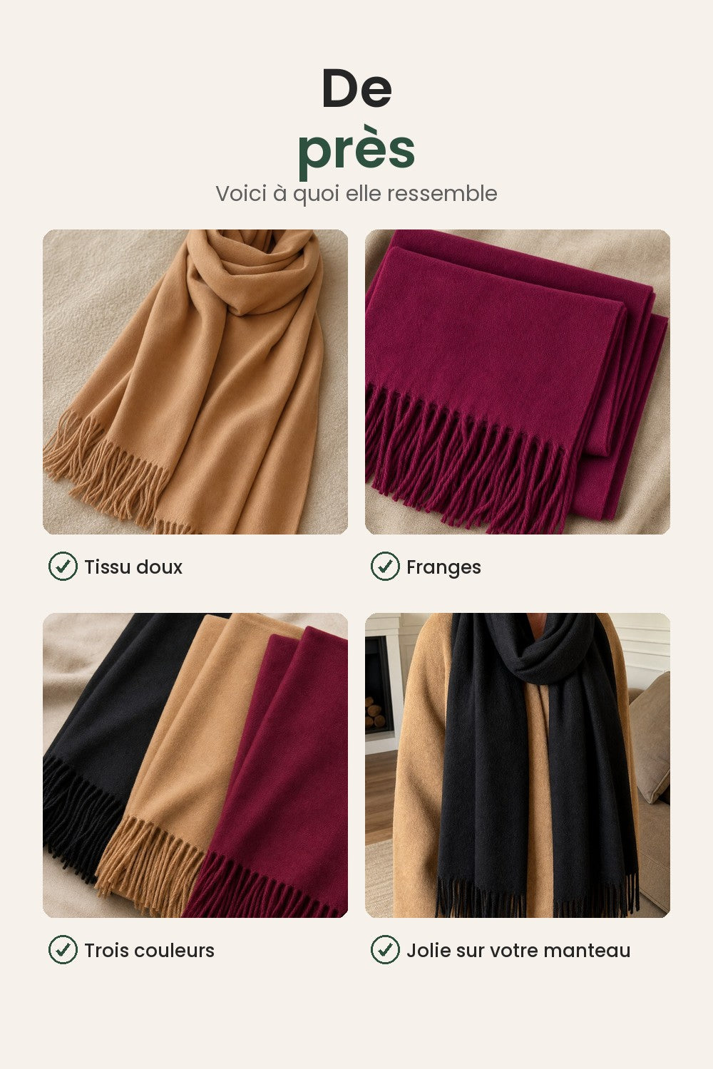 Écharpe douce à franges – de près : tissu doux, franges, trois couleurs