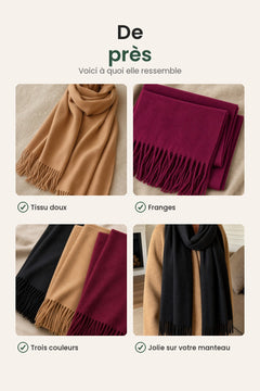 [fr] Écharpe douce à franges – de près : tissu doux, franges, trois couleurs