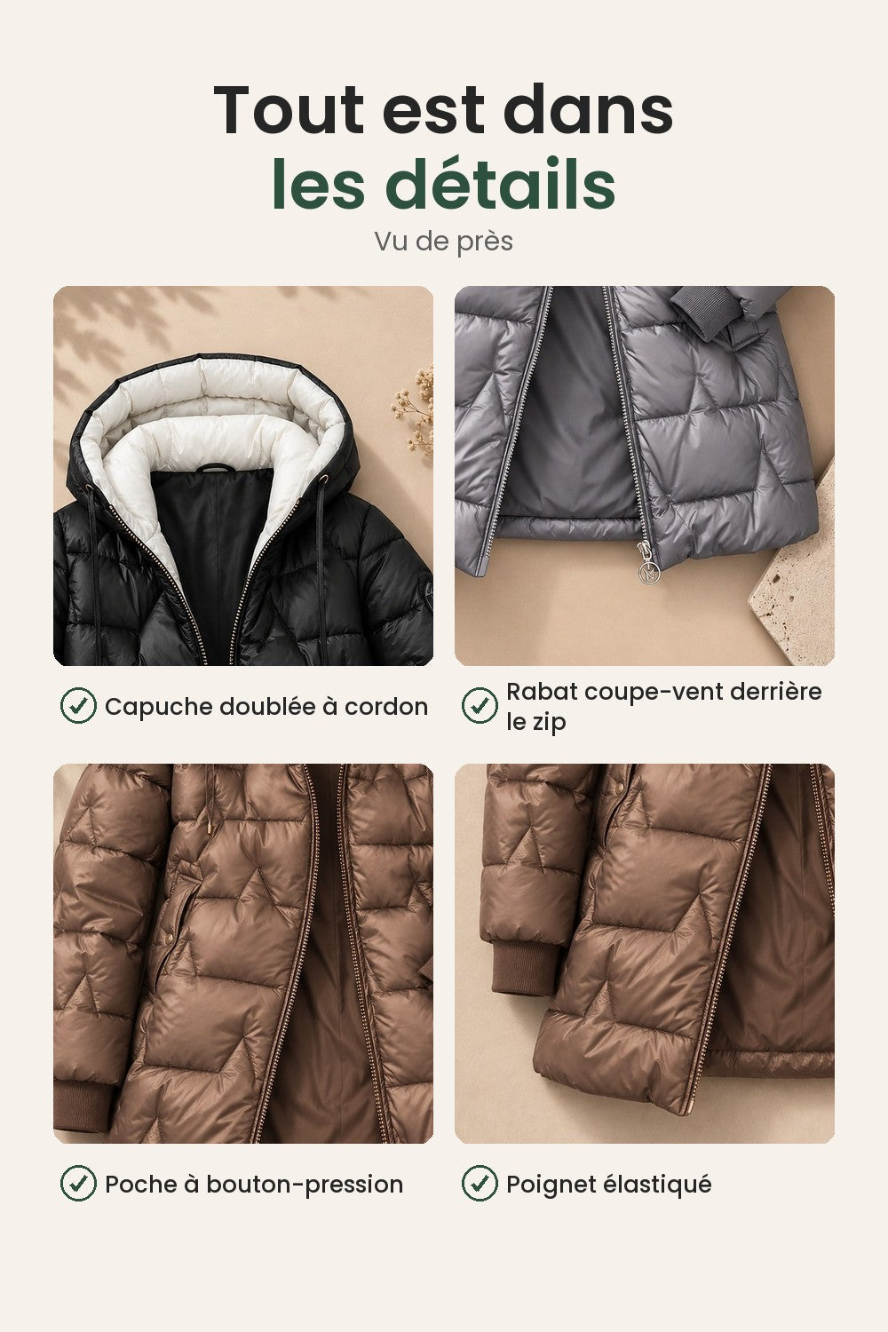 Manteau d’hiver doublé à capuche réglable – tout est dans les détails : capuche doublée à cordon, rabat coupe-vent derrière le zip, poche à bouton-pression, poignet élastiqué