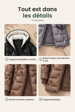 [fr] Manteau d’hiver doublé à capuche réglable – tout est dans les détails : capuche doublée à cordon, rabat coupe-vent derrière le zip, poche à bouton-pression, poignet élastiqué
