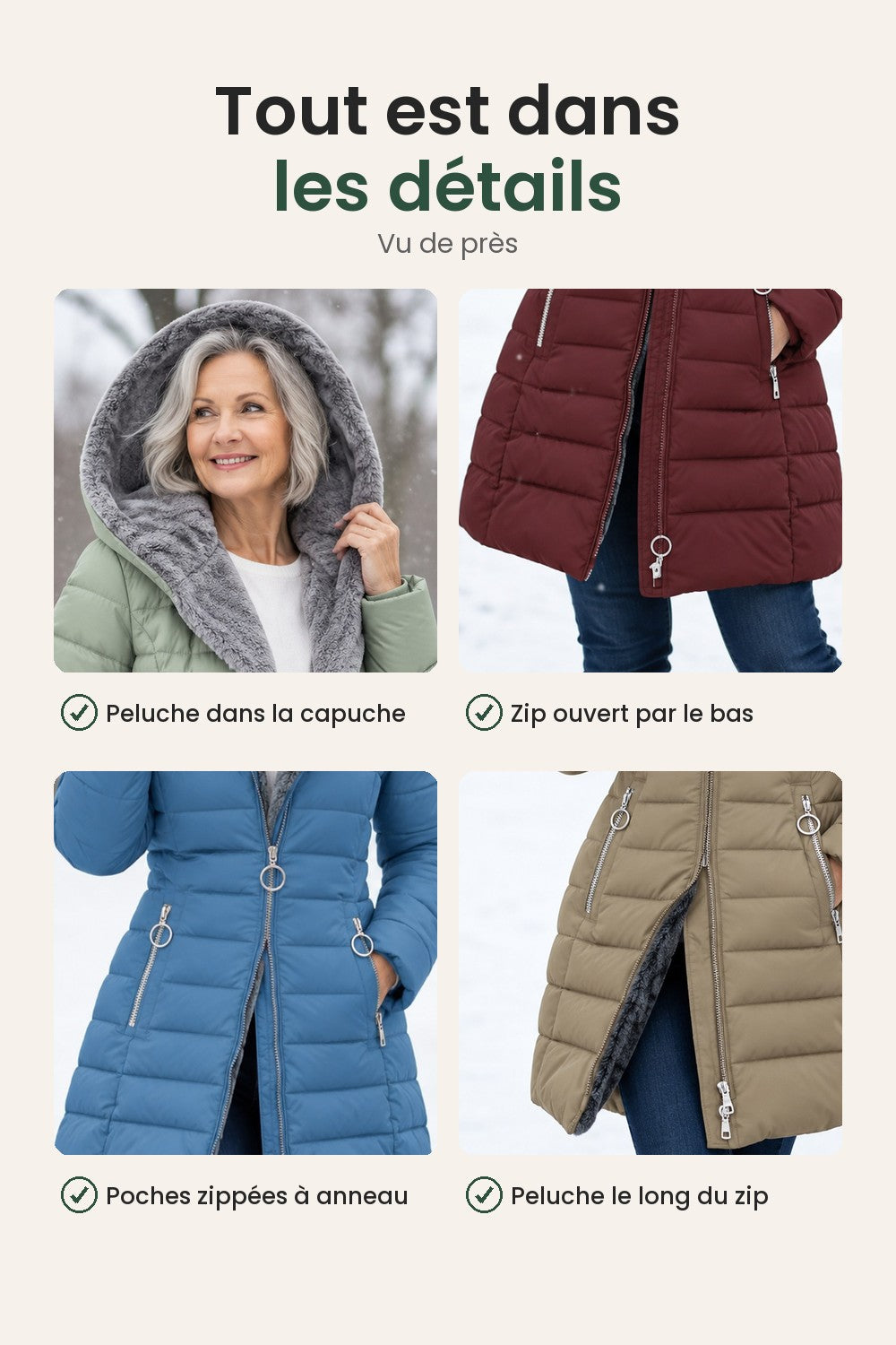 Long manteau d’hiver matelassé avec capuche en peluche – tout est dans les détails : peluche dans la capuche, zip ouvert par le bas, poches zippées à anneau, peluche le long du zip