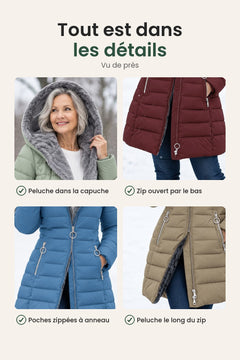 [fr] Long manteau d’hiver matelassé avec capuche en peluche – tout est dans les détails : peluche dans la capuche, zip ouvert par le bas, poches zippées à anneau, peluche le long du zip