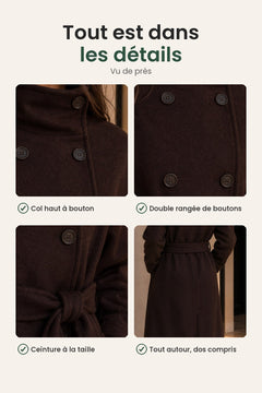 [fr] Long trench-coat avec ceinture à la taille – tout est dans les détails : col haut à bouton, double rangée de boutons, ceinture à la taille, tout autour, dos compris
