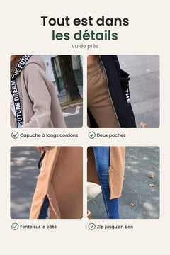 [fr] Long gilet avec capuche – tout est dans les détails : capuche à longs cordons, deux grandes poches, fente sur le côté, zip jusqu&