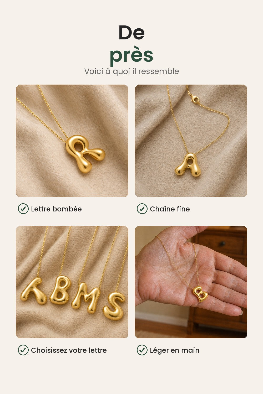 Collier lettre avec dorure or 18K – de près : lettre bombée, chaîne fine, choisissez votre lettre