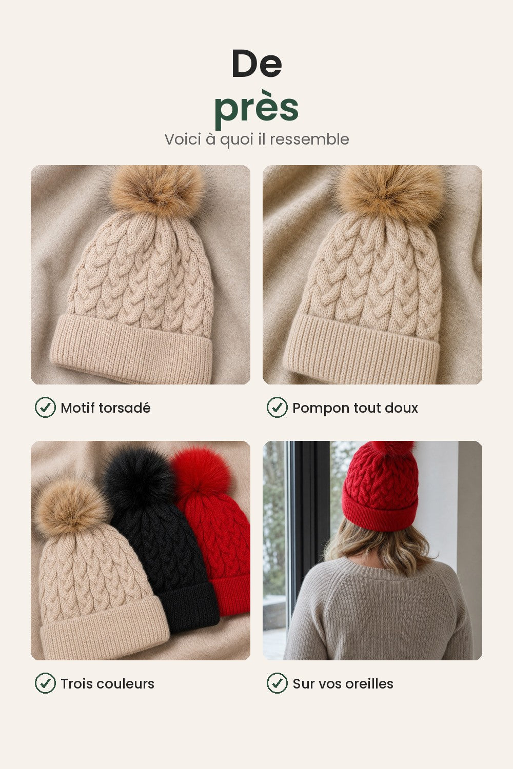 Bonnet en maille à pompon – de près : motif torsadé, pompon tout doux, trois couleurs