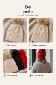 [fr] Bonnet en maille à pompon – de près : motif torsadé, pompon tout doux, trois couleurs