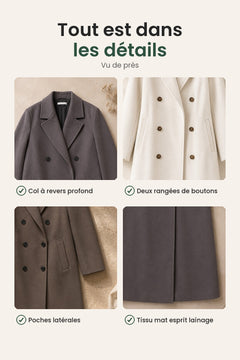 [fr] Manteau classique avec col à revers et double boutonnage – tout est dans les détails : col à revers profond, deux rangées de boutons, poches latérales, tissu mat esprit lainage
