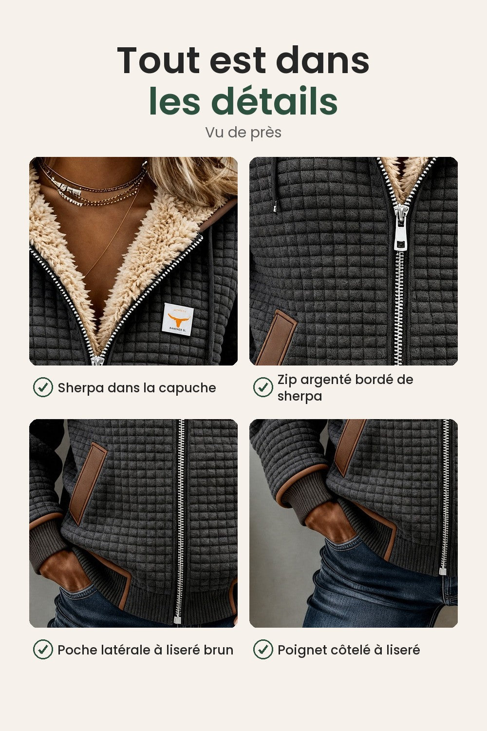 Manteau matelassé à capuche doublée sherpa – tout est dans les détails : sherpa dans la capuche, zip argenté bordé de sherpa, poche latérale à liseré brun, poignet côtelé à liseré