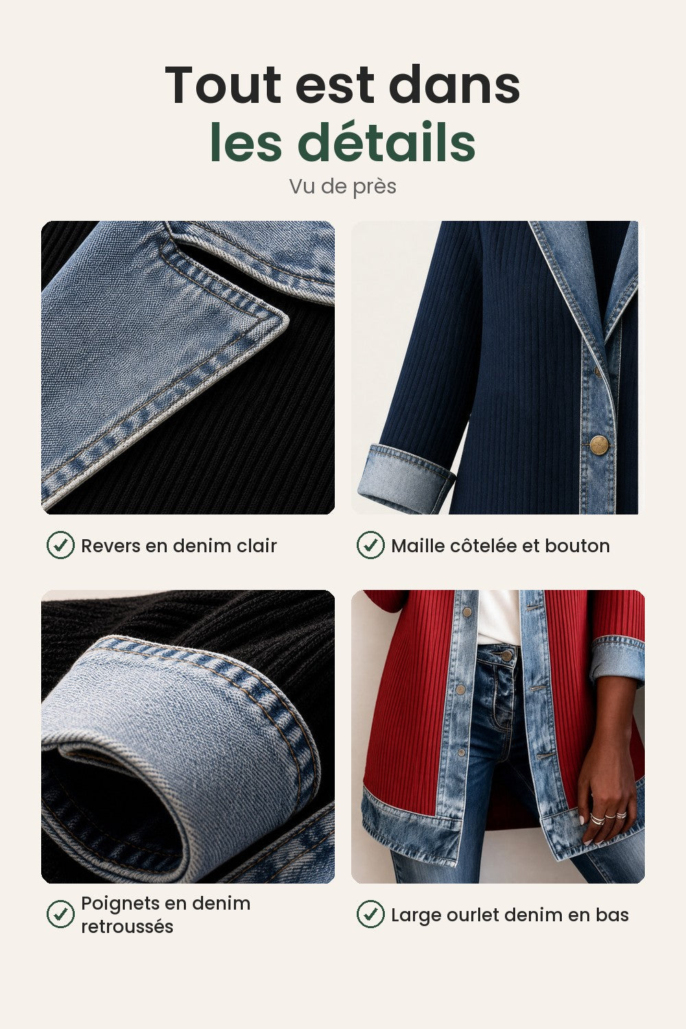 Veste en denim avec empiècements en maille côtelée – tout est dans les détails : revers en denim clair, maille côtelée et bouton, poignets en denim retroussés, large ourlet denim en bas