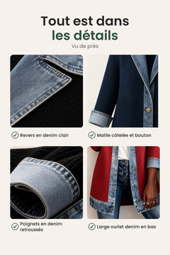 [fr] Veste en denim avec empiècements en maille côtelée – tout est dans les détails : revers en denim clair, maille côtelée et bouton, poignets en denim retroussés, large ourlet denim en bas