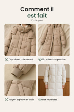 [fr] Manteau d’hiver long matelassé à capuche – comment il est fait : capuche et col montant, zip et boutons-pression, poignet et poche en biais
