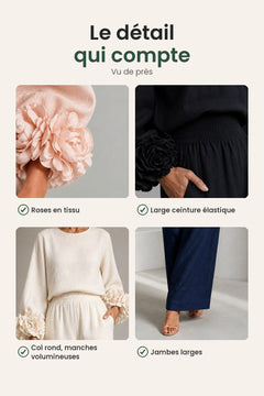 [fr] Ensemble deux pièces à poignets fleuris – roses en tissu, ceinture élastique, jambes larges