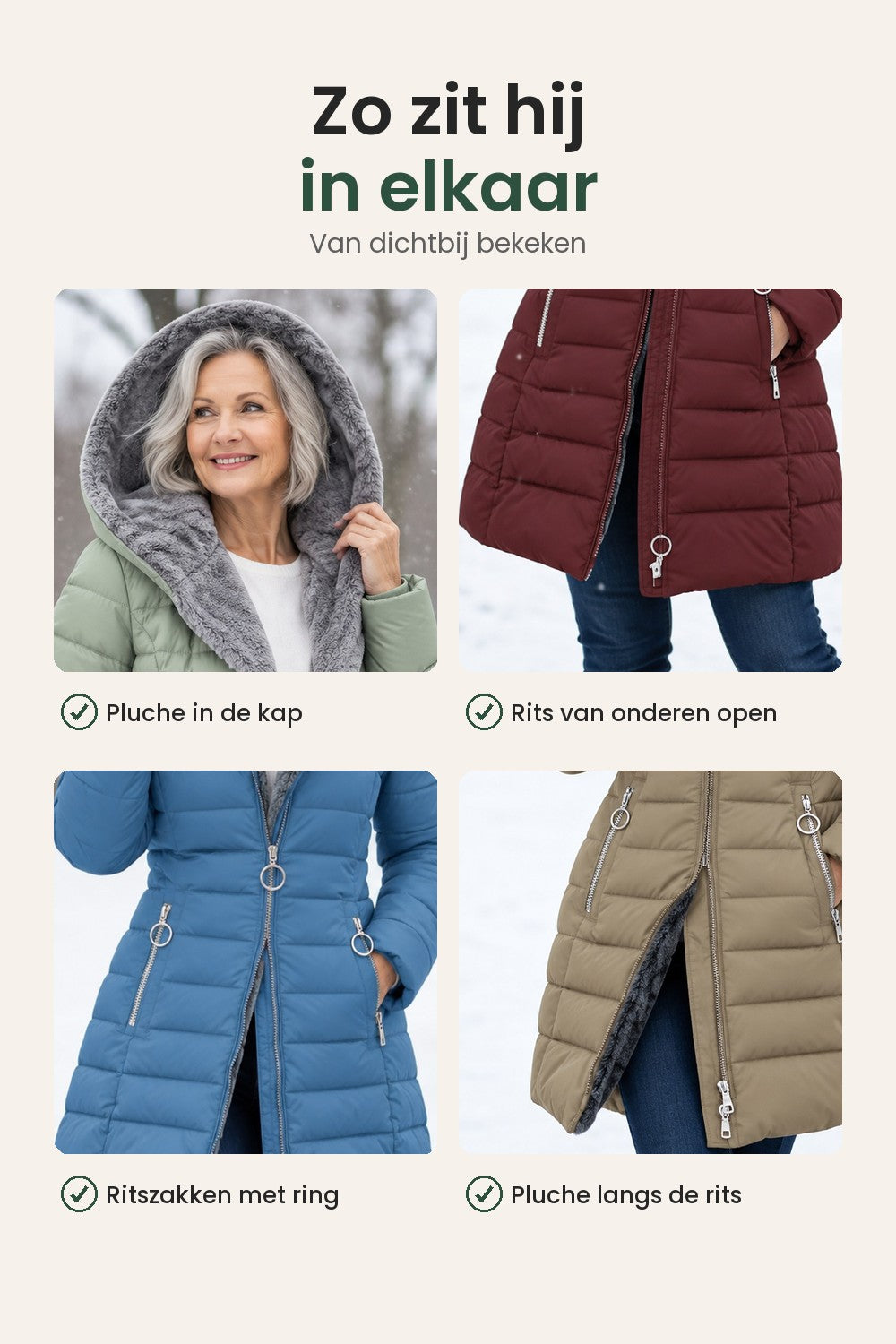 [nl] Lange gewatteerde winterjas – zo zit hij in elkaar: pluche kap, rits van onderen open, ritszakken, pluche langs de rits