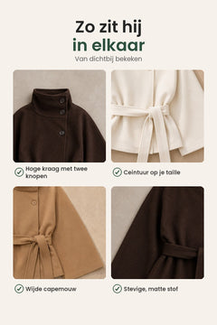 [nl] Cape-jas met staande kraag en ceintuur – zo zit hij in elkaar: hoge kraag met twee knopen, ceintuur op je taille, wijde capemouw, stevige matte stof