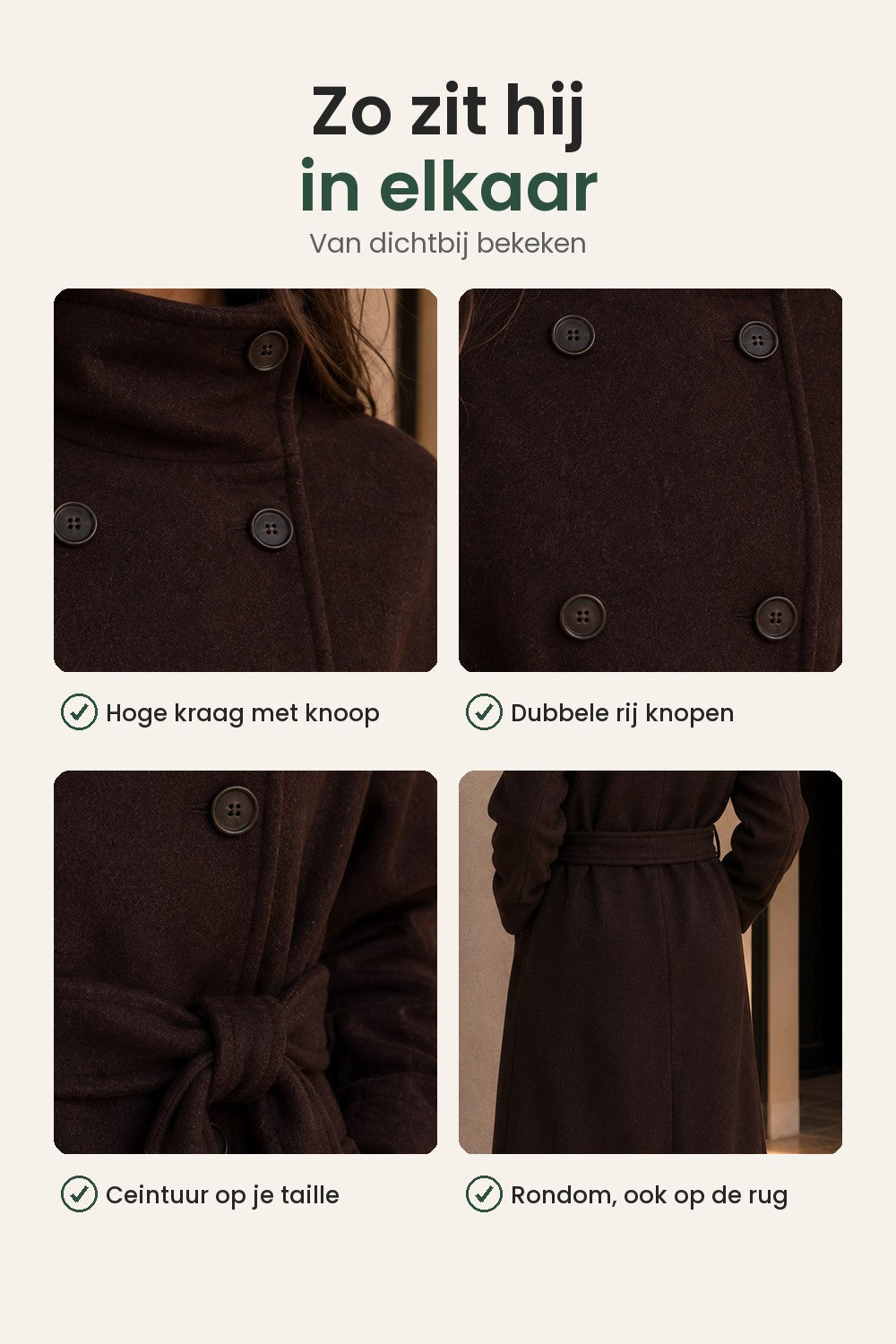 [nl] Lange trenchcoat met tailleceintuur – zo zit hij in elkaar: hoge kraag met knoop, dubbele rij knopen, ceintuur op je taille, ook op de rug