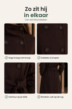 [nl] Lange trenchcoat met tailleceintuur – zo zit hij in elkaar: hoge kraag met knoop, dubbele rij knopen, ceintuur op je taille, ook op de rug