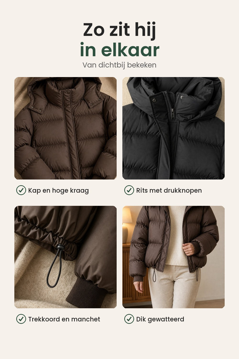 Korte pufferjas met kap – zo zit hij in elkaar: kap en hoge kraag, rits met drukknopen, trekkoord en manchet
