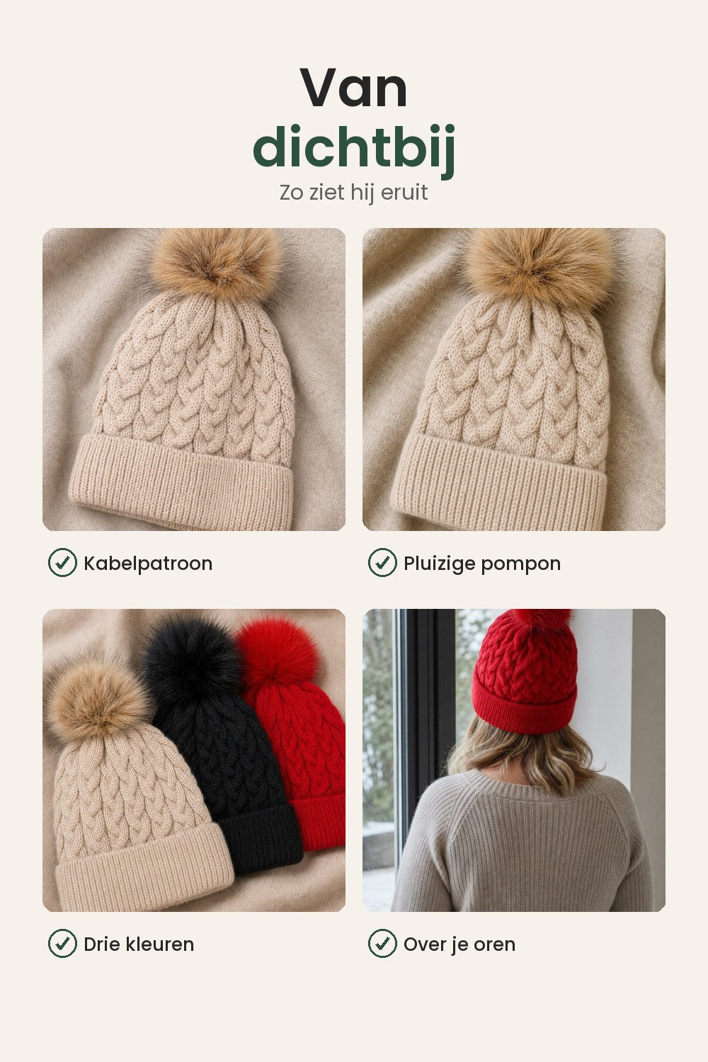 Gebreide muts met pompon – van dichtbij: kabelpatroon, pluizige pompon, drie kleuren