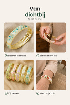 [nl] Brede armband met bloemen en blaadjes in emaille – van dichtbij: bloemen in emaille, scharnier met klik, vijf kleuren