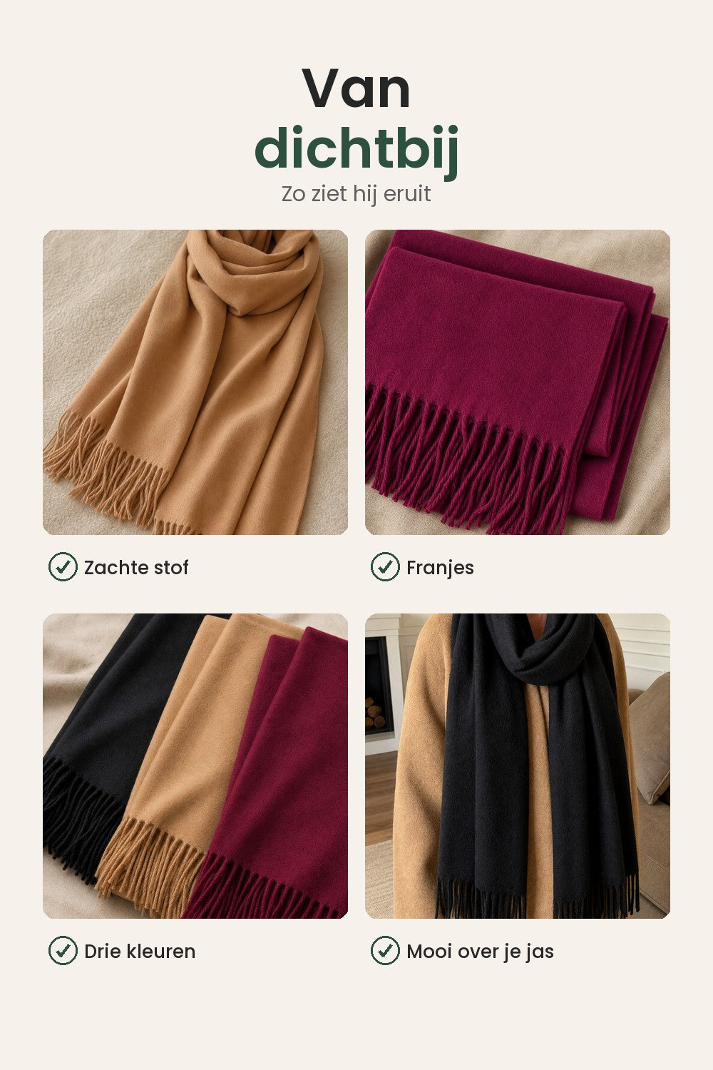 Zachte sjaal met franjes – van dichtbij: zachte stof, franjes, drie kleuren