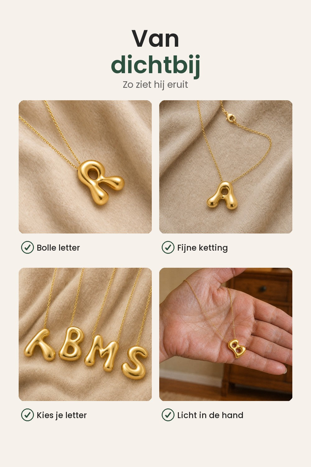 Letterketting met 18K-goudlaagje – van dichtbij: bolle letter, fijne ketting, kies je letter
