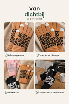 [nl] Jacquard handschoenen voor je touchscreen – van dichtbij: luipaardpatroon, touchscreen-toppen, drie kleuren