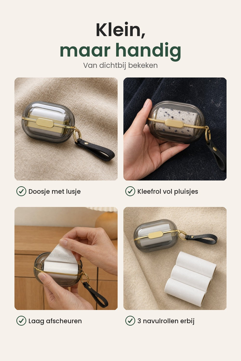 [nl] Mini-pluizenroller met 3 navulrollen – klein maar handig: doosje met lusje, kleefrol, laag afscheuren, 3 navulrollen