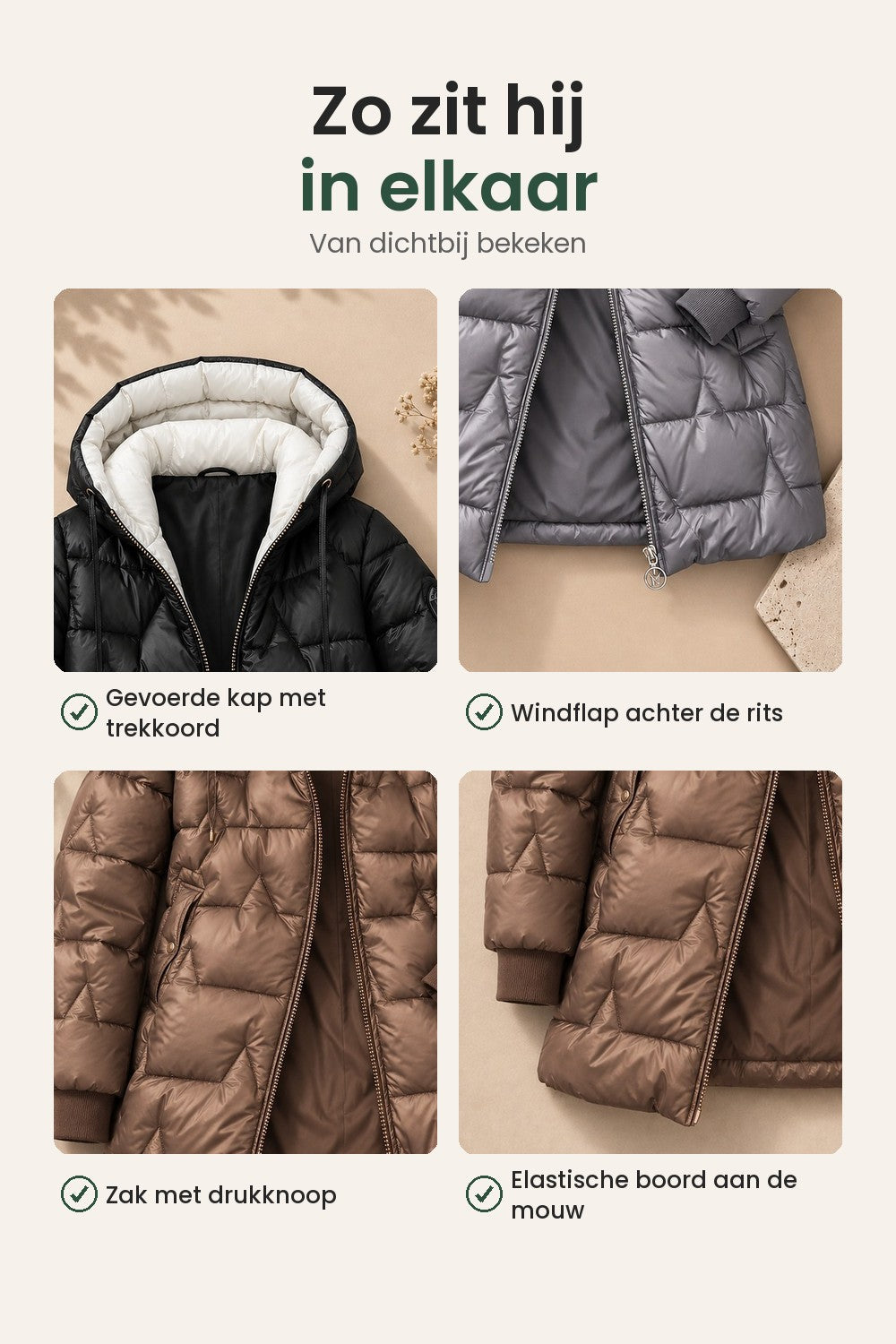 [nl] Gevoerde winterjas met verstelbare capuchon – zo zit hij in elkaar: gevoerde kap met trekkoord, windflap achter de rits, zak met drukknoop, elastische boord aan de mouw