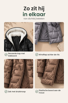 [nl] Gevoerde winterjas met verstelbare capuchon – zo zit hij in elkaar: gevoerde kap met trekkoord, windflap achter de rits, zak met drukknoop, elastische boord aan de mouw