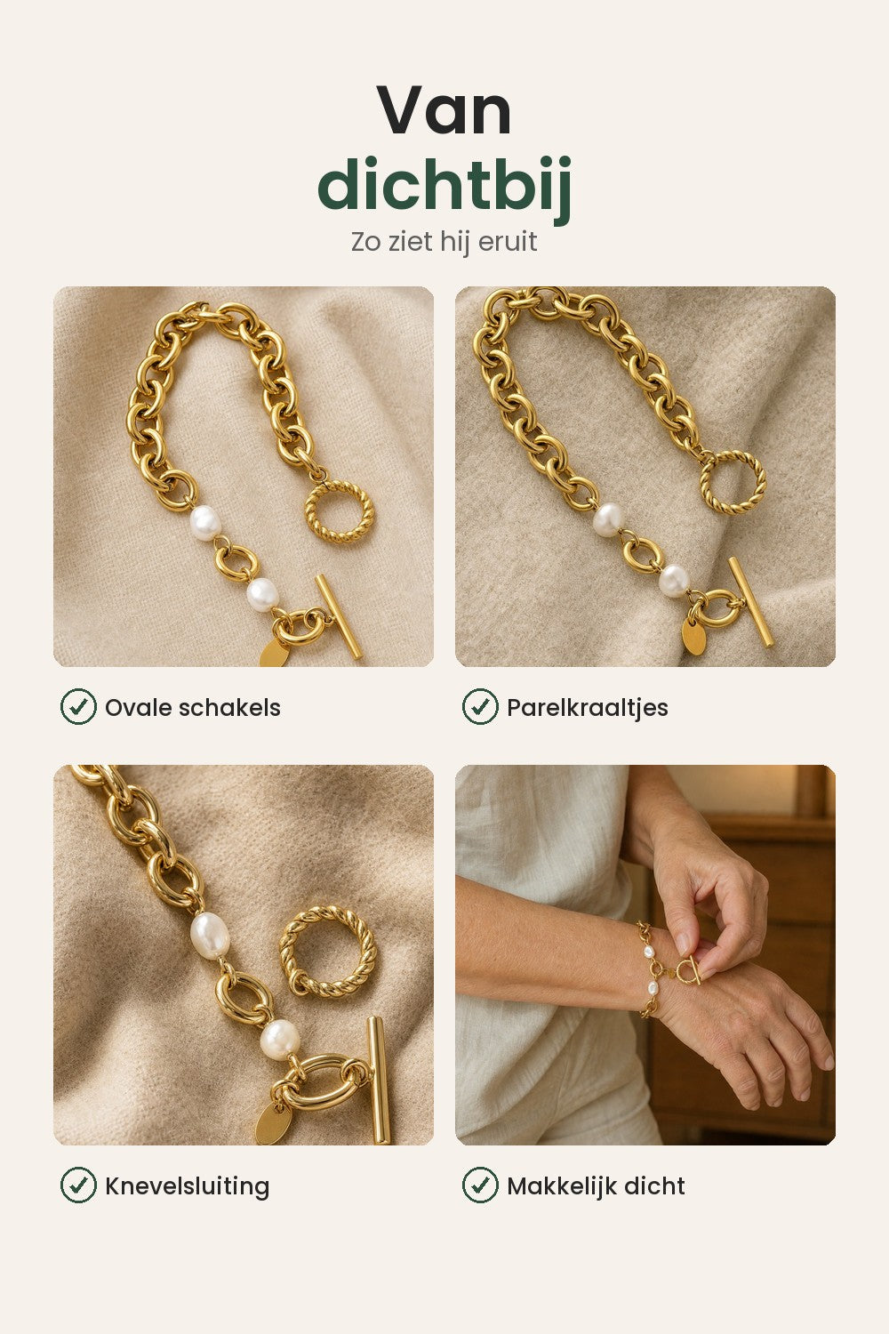 Schakelarmband met parels en knevelsluiting – van dichtbij: ovale schakels, parelkraaltjes, knevelsluiting