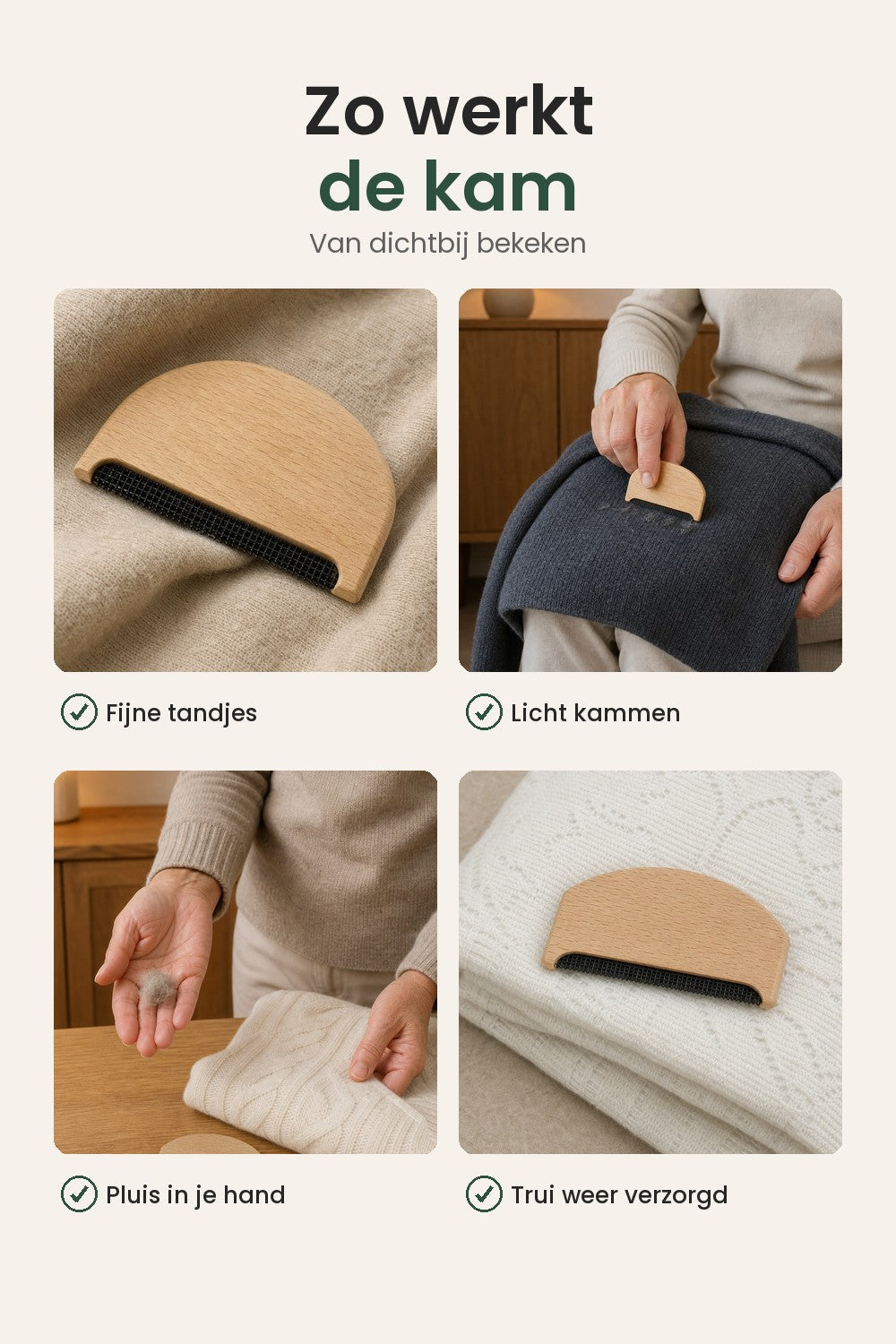[nl] Houten pluizenkam voor truien en jassen – zo werkt de kam: fijne tandjes, licht kammen, pluis in je hand
