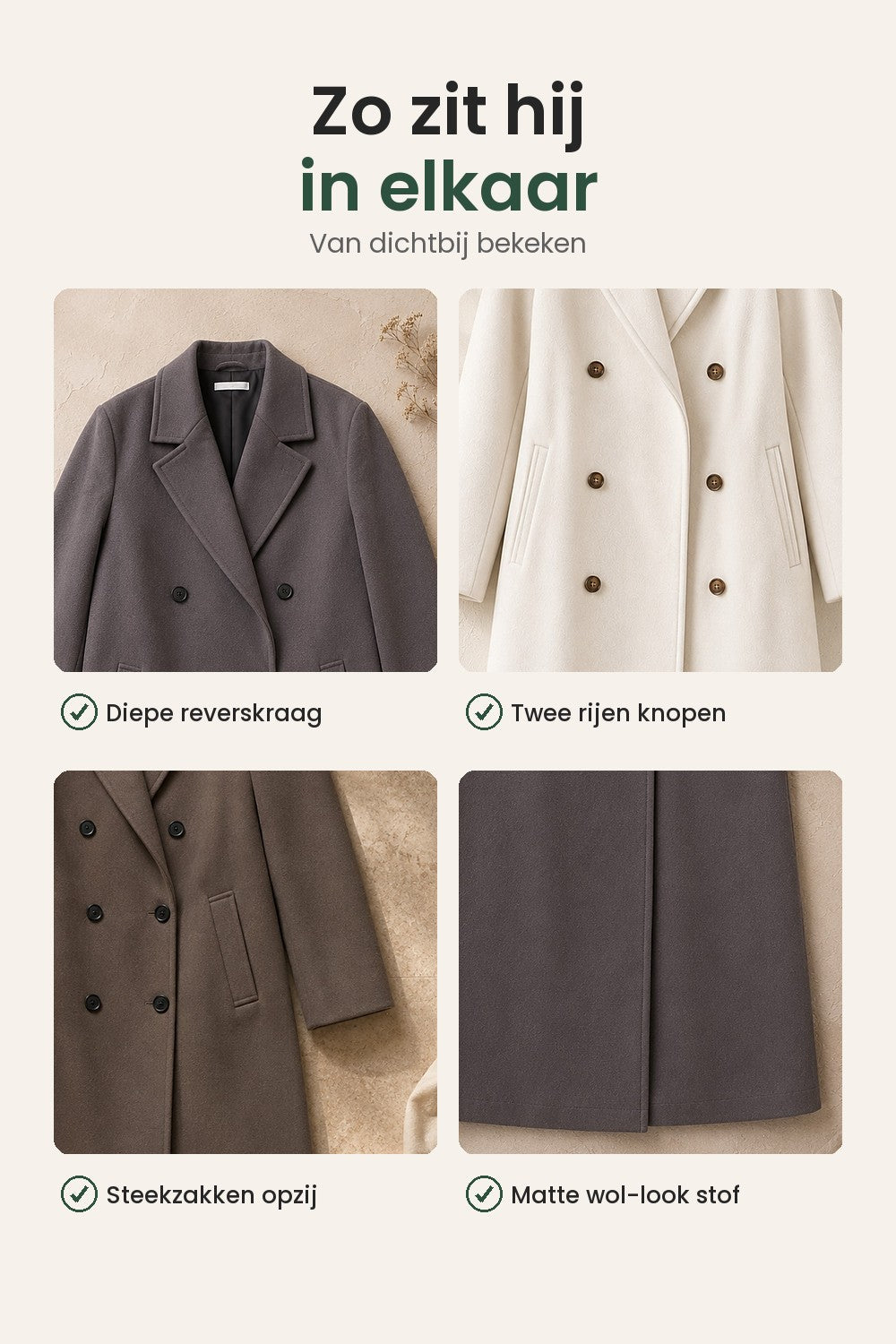 [nl] Klassieke jas met reverskraag en dubbele knopenrij – zo zit hij in elkaar: diepe reverskraag, twee rijen knopen, steekzakken opzij, matte wol-look stof