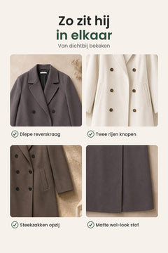 [nl] Klassieke jas met reverskraag en dubbele knopenrij – zo zit hij in elkaar: diepe reverskraag, twee rijen knopen, steekzakken opzij, matte wol-look stof