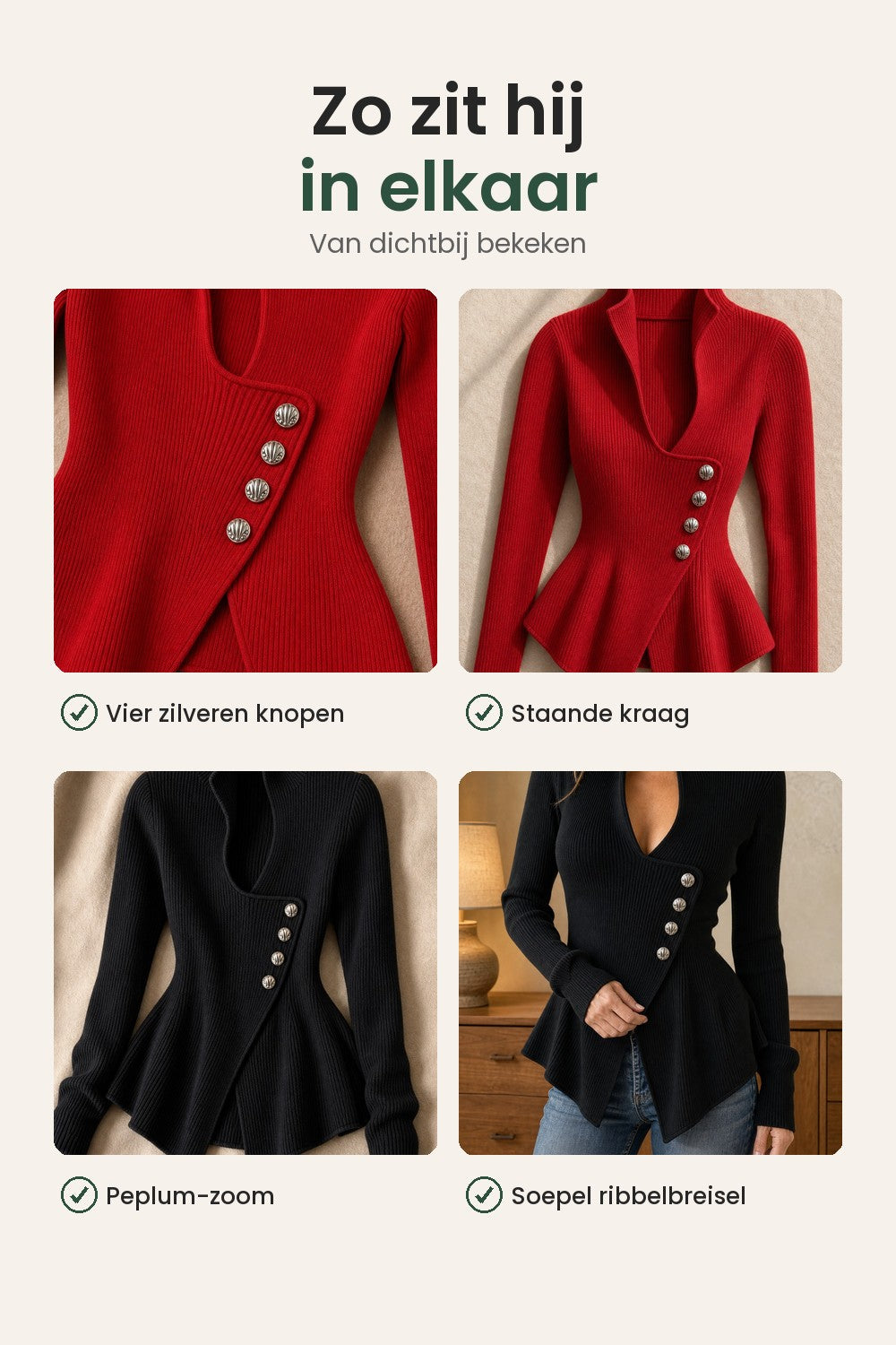 Elegante asymmetrische geribde peplum-top – zo zit hij in elkaar: zilveren knopen, staande kraag, peplum-zoom