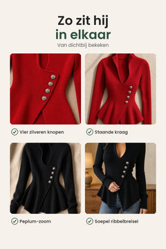 [nl] Elegante asymmetrische geribde peplum-top – zo zit hij in elkaar: zilveren knopen, staande kraag, peplum-zoom
