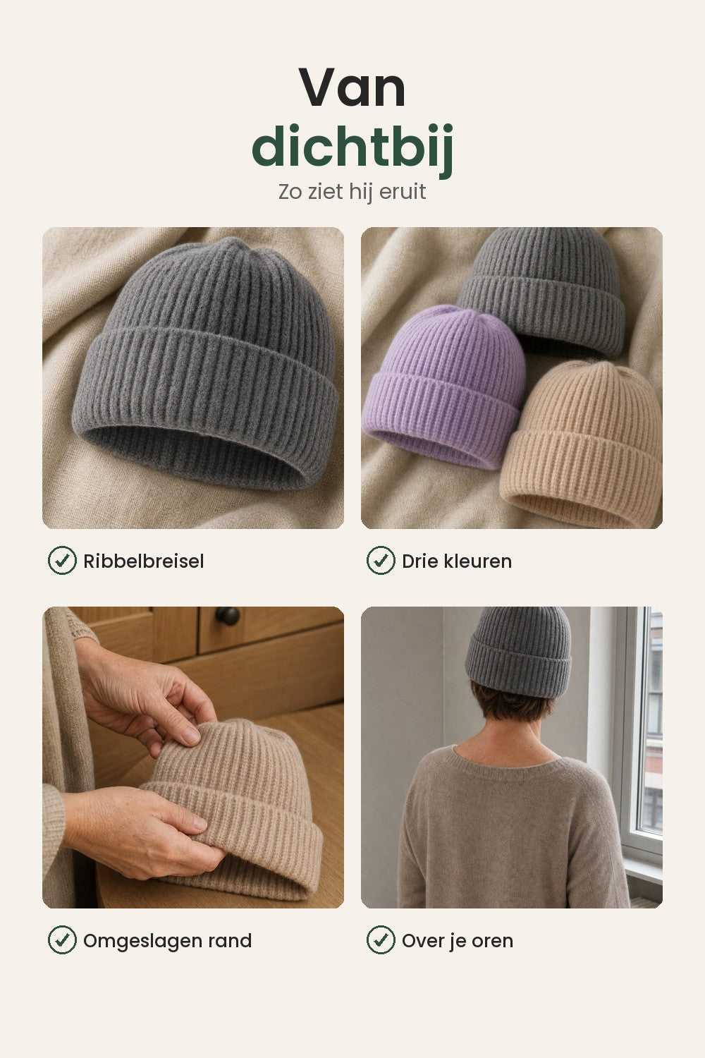 Effen gebreide muts – van dichtbij: ribbelbreisel, drie kleuren, omgeslagen rand