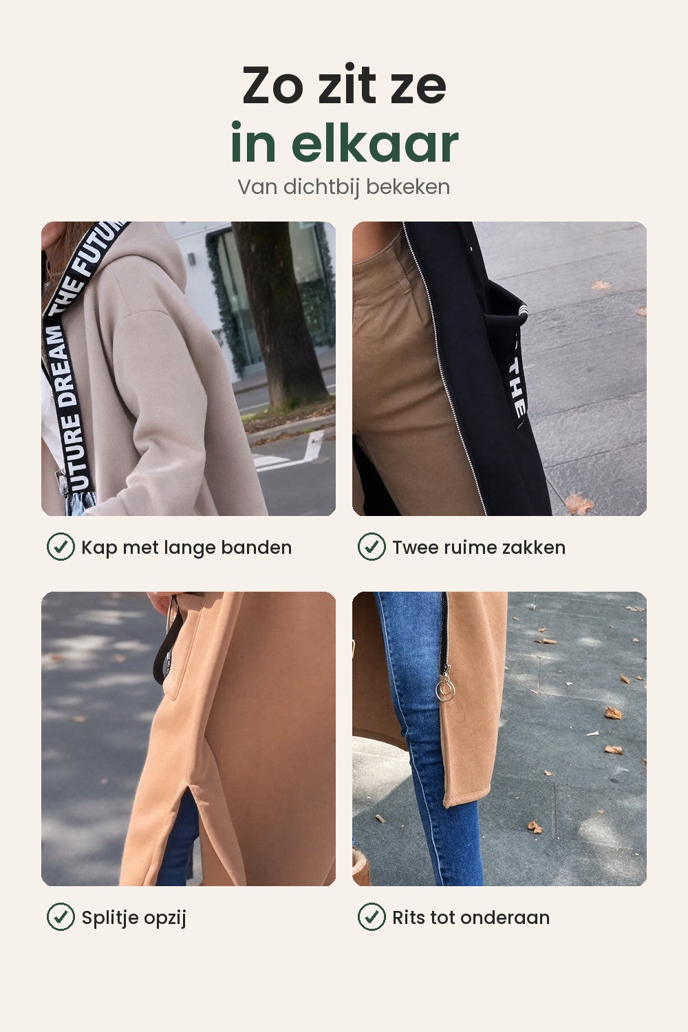 [nl] Lange vest met kap – zo zit ze in elkaar: kap met banden, twee ruime zakken, splitje opzij, rits tot onderaan